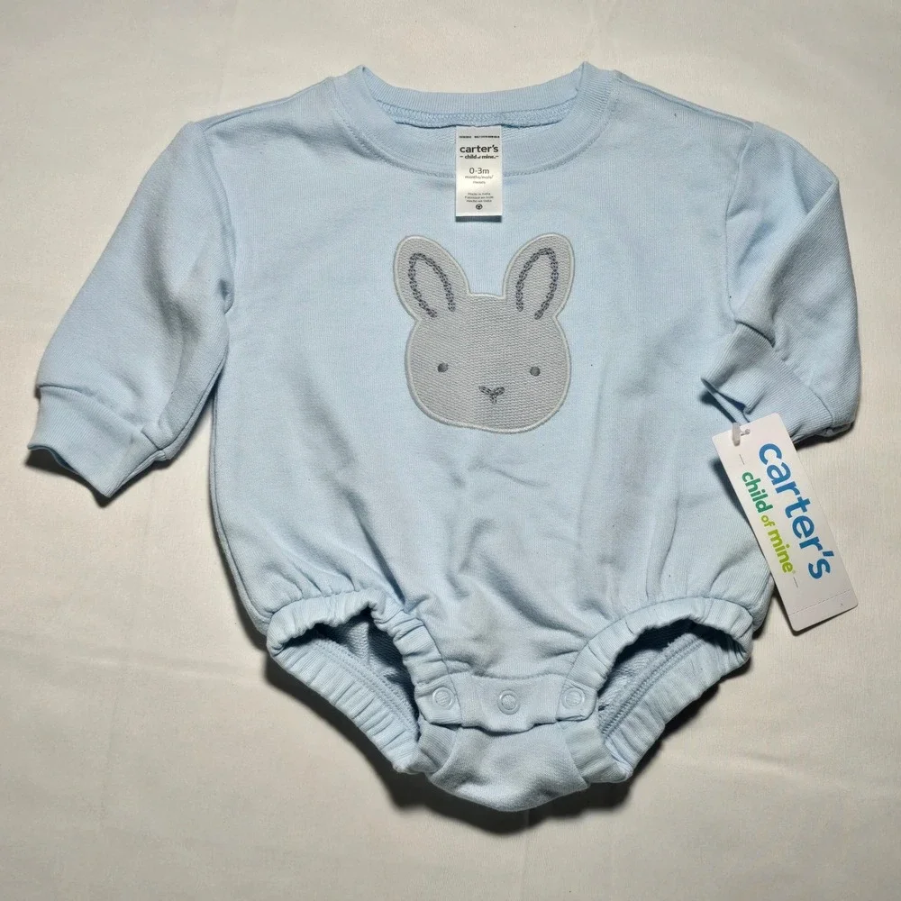 Carters Baby Boy Blue Bunny Long Sleeve Shirr Bodysuit 0-3M NWT